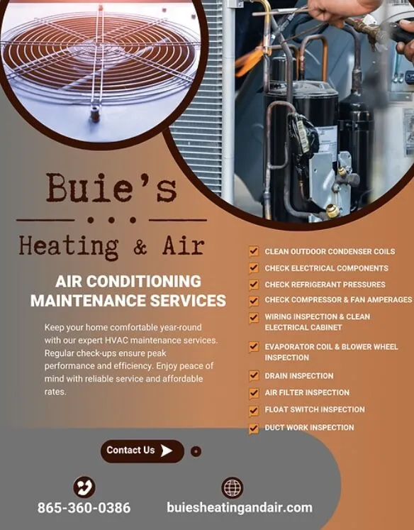 Flyer for Buie's Heating & Air promoting HVAC maintenance services, including a service list, contact info, and images of HVAC equipment.