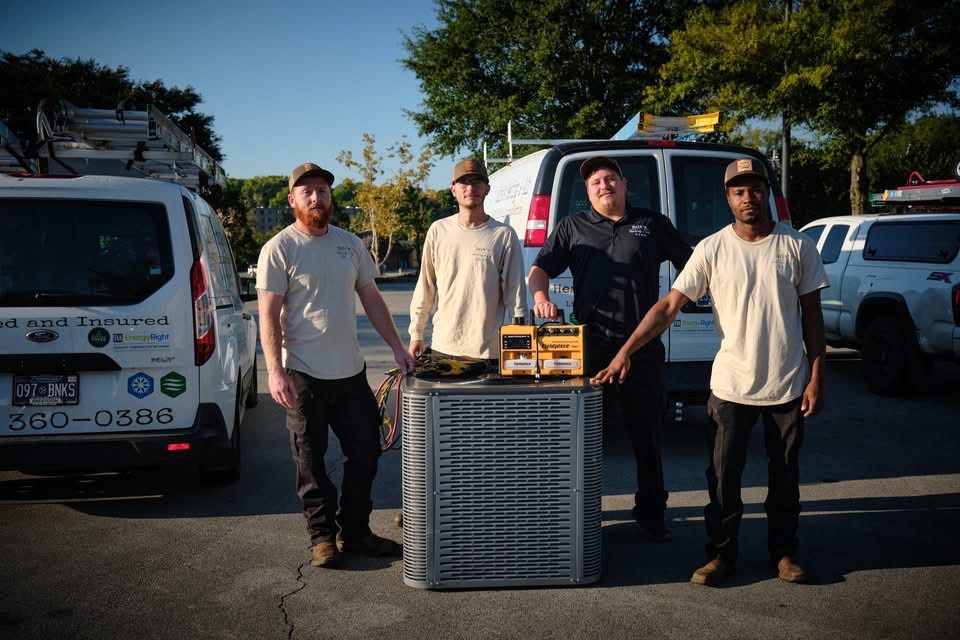 Four men in work uniforms stand outdoors beside HVAC equipment and service vans on a sunny day.