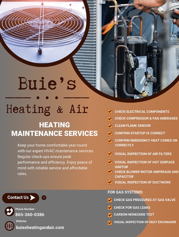 Flyer for Buie’s Heating & Air promotes HVAC maintenance services, lists inspection tasks, includes contact info, and features images of HVAC equipment and a technician at work.