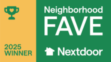 Green and yellow graphic reading Neighborhood Fave, 2025 Winner, and Nextdoor, with a trophy and house icon.