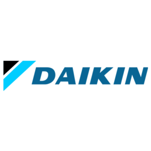 Daikin logo featuring a blue diagonal stripe with a small black triangle on the left and the word 