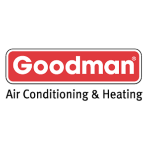 Goodman logo with “Goodman” in white on a red background and “Air Conditioning & Heating” in black text below, representing a trusted HVAC contractor.